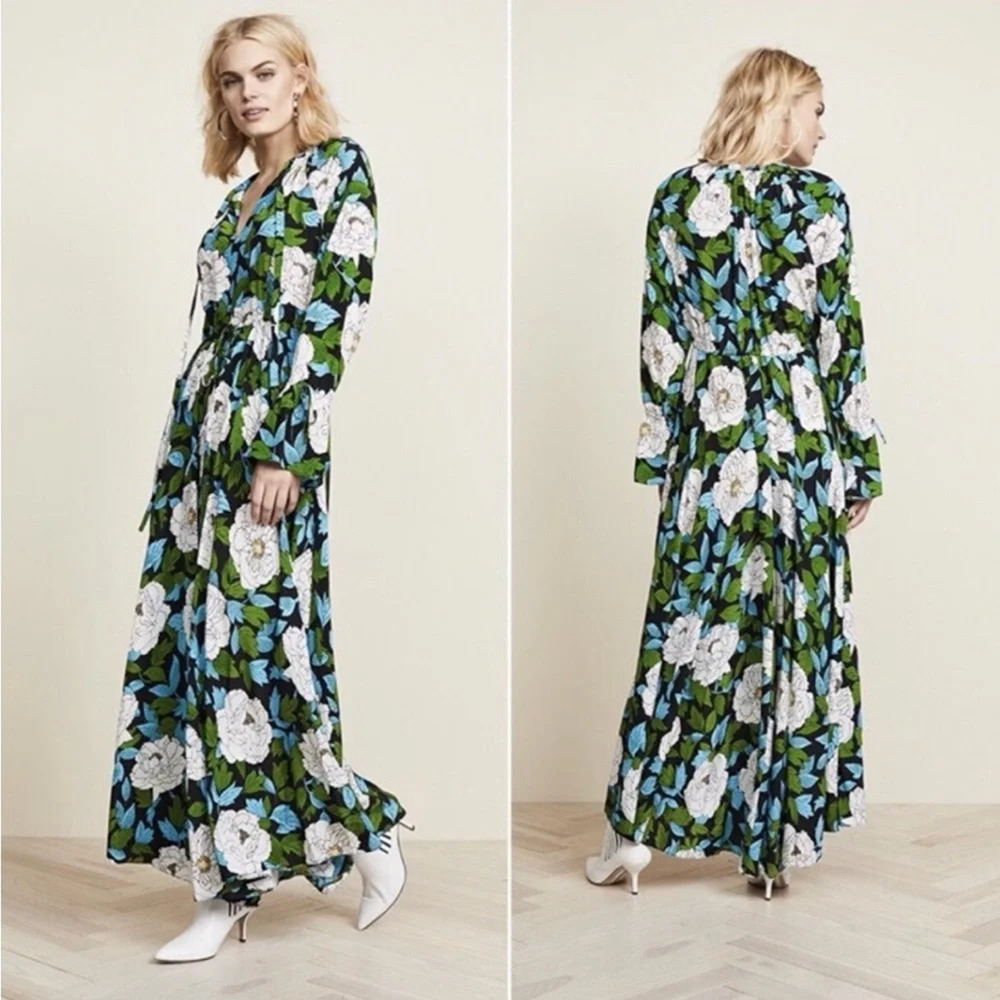 Diane von Furstenberg Bethany Cinch-Sleeve Maxi Dress Boswell Green Blue Women S